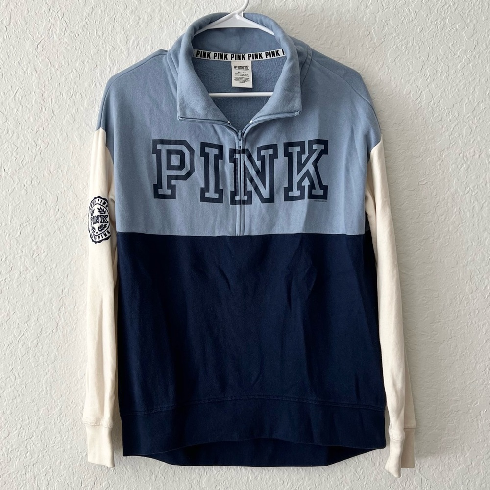 Victoria’s Secret PINK Colorblock Blue & Cream Logo Collar Quarter Zip Sweater